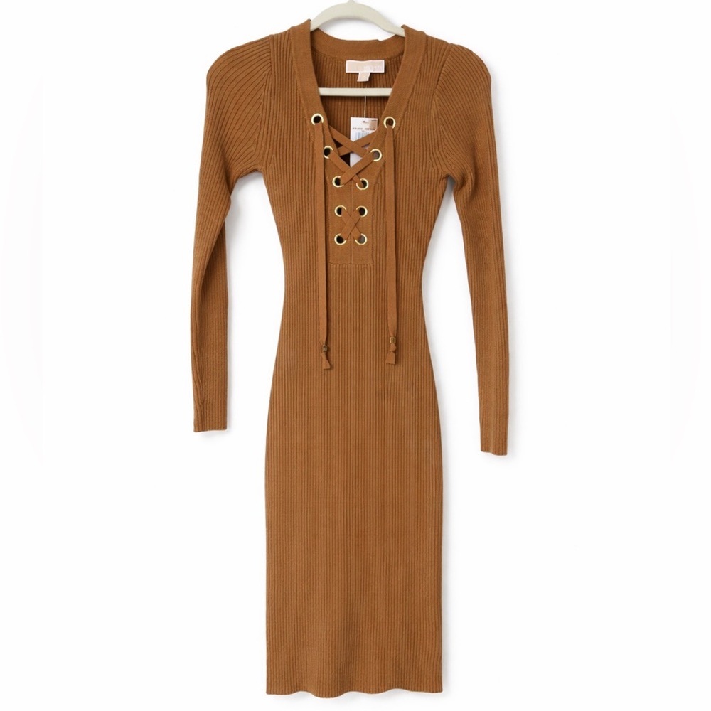 Michael Kors Ribbed Lace-Up Sweater Dress dark camel Womens size XS NWT